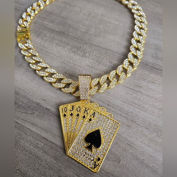 Hip Hop Iced Out Fully Rhinestone Gold Card Pendant & Cuban Chain Necklace 18" - Picture 13 of 13